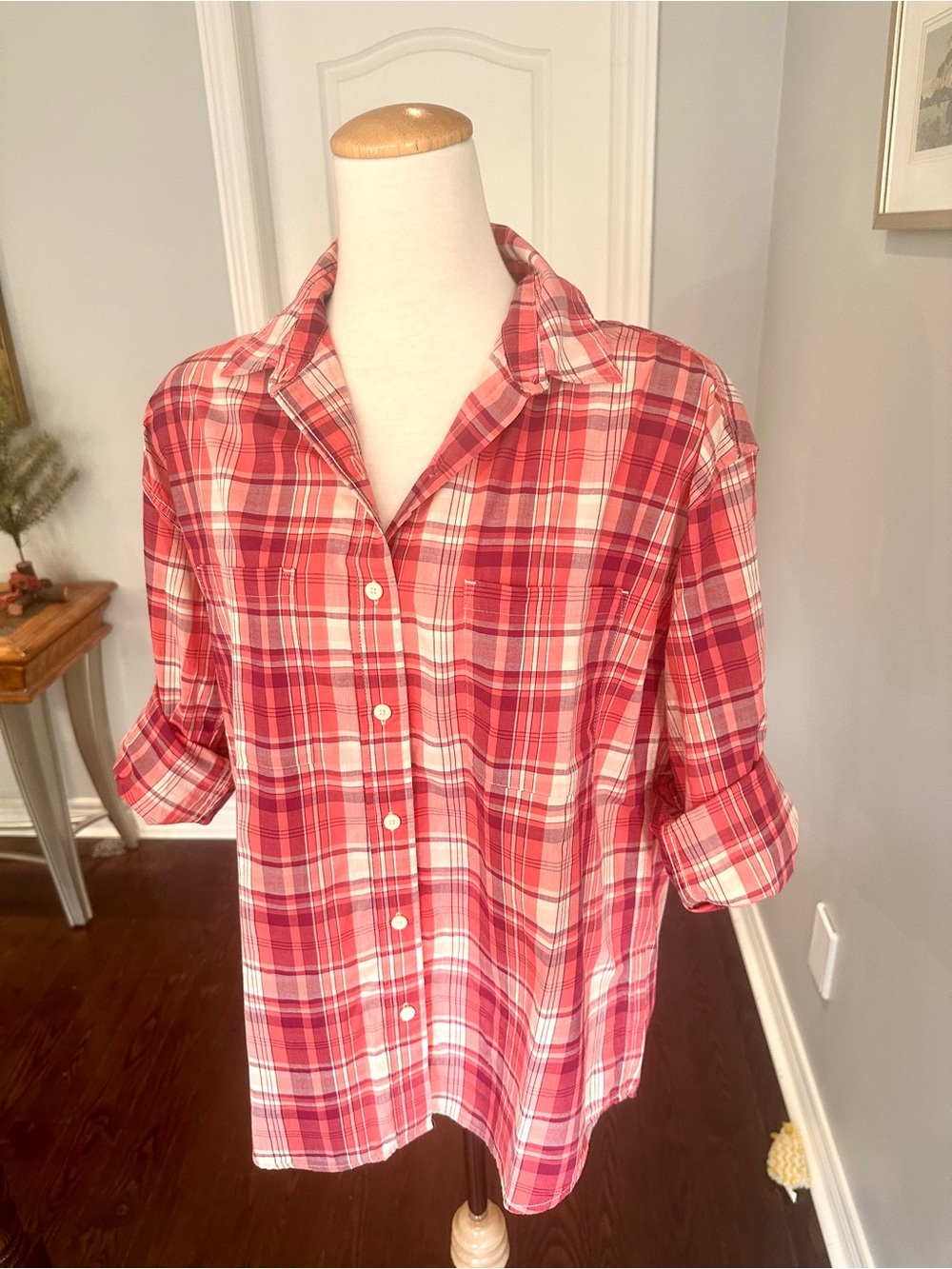 ROOTS Red-Orange Plaid Cotton Button-Down Shirt